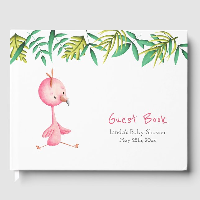 Cute Pink Flamingo Tropical Baby Shower Guest Book (Front)