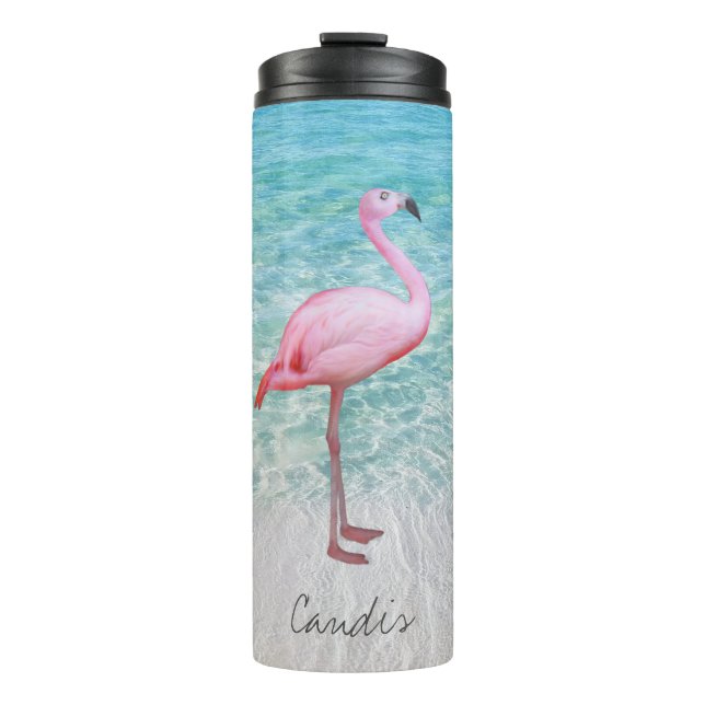 Cute Pink Flamingo Tropical Beach Name Fine Art Thermal Tumbler (Front)
