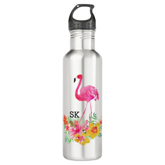 Cute Pink Flamingo & Tropical Flowers Bouquet 710 Ml Water Bottle (Front)