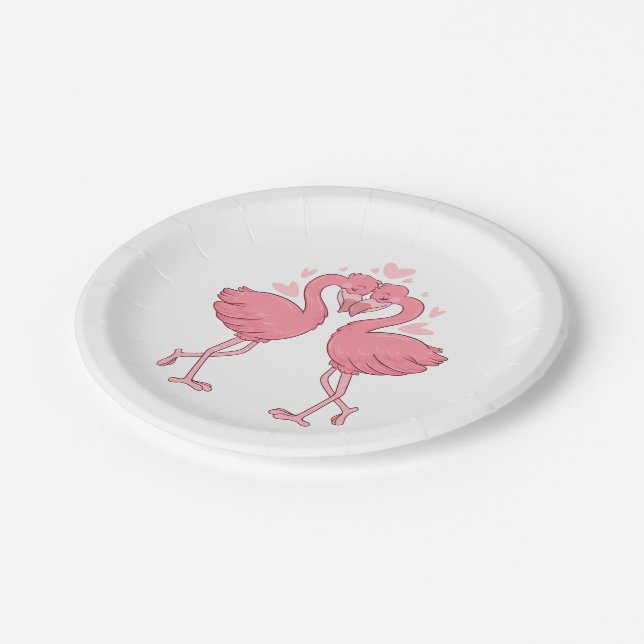 Cute Pink Flamingo Tropical Hawaiian Beach Wedding Paper Plate (Angled)
