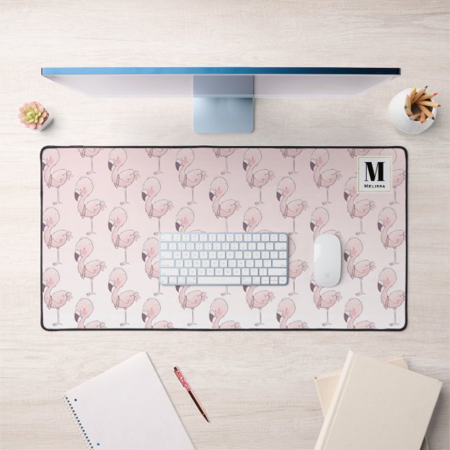 Cute Pink Flamingo Tropical Pattern Monogram Desk Mat (Office 1)