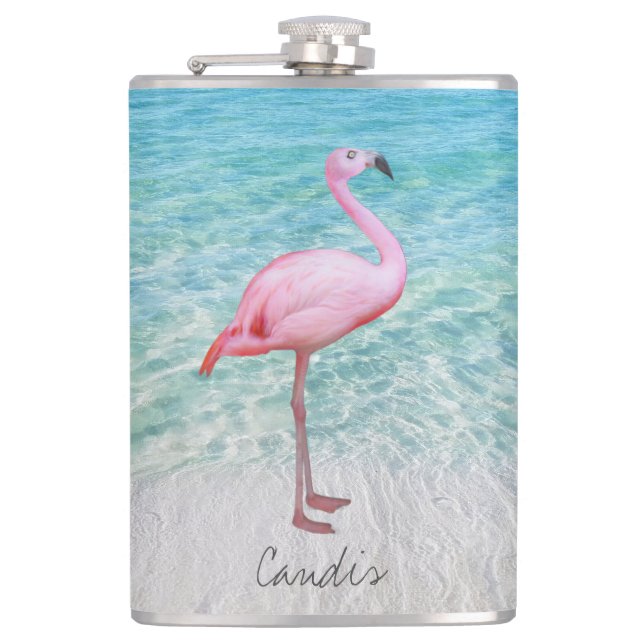 Cute Pink Flamingo Tropical Sandy Beach Fun Name Hip Flask (Front)