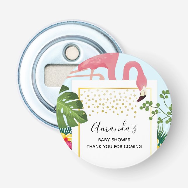 Cute Pink Flamingo Tropical Theme Baby Shower Bottle Opener (Front)