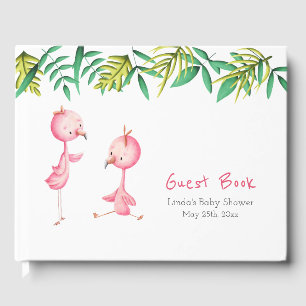 Cute Pink Flamingo Twins Baby Shower Guest Book