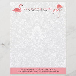 Cute pink Flamingo White Damasks Background Letterhead Design