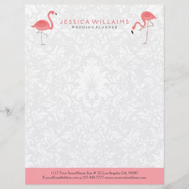 Cute pink Flamingo White Damasks Background Letterhead Design (Front)