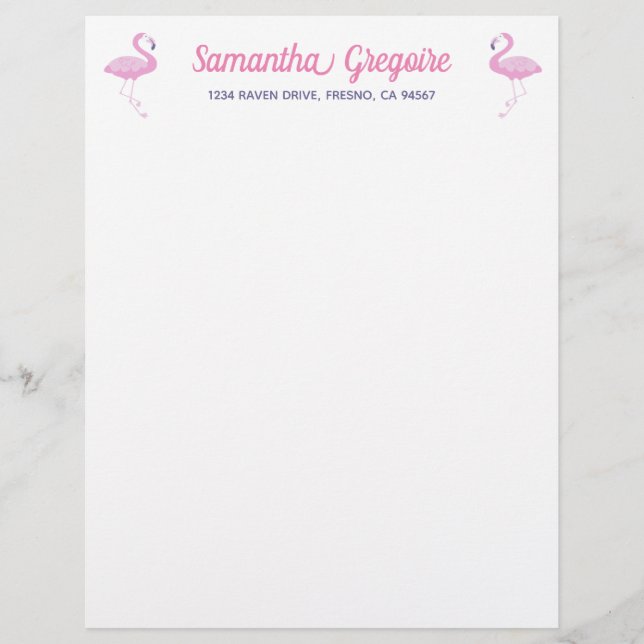 Cute Pink Flamingo with Purple Custom Letterhead (Front)