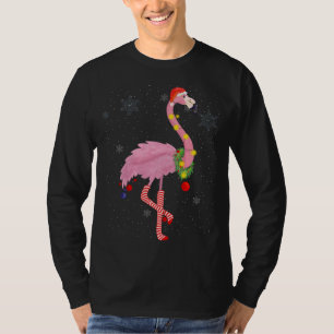 Cute Pink Flamingo with Snow, Lights and Santa Hat T-Shirt