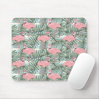 Cute Pink Flamingoes Palm Leafs Art Pattern Mouse Mat
