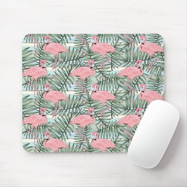 Cute Pink Flamingoes Palm Leafs Art Pattern Mouse Mat (With Mouse)