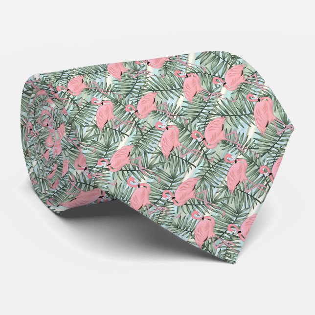 Cute Pink Flamingoes Palm Leafs Art Pattern Tie (Rolled)