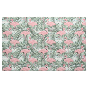 Cute Pink Flamingoes Palm Leafs Pattern Fabric