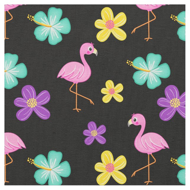 Cute Pink Flamingos and Flowers Black Fabric (Close Up)