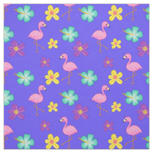Cute Pink Flamingos and Flowers Blue Fabric