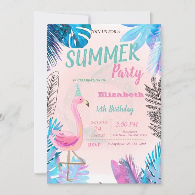 Cute Pink Flamingos Blue Palm Leaf Birthday Party  Invitation (Front)