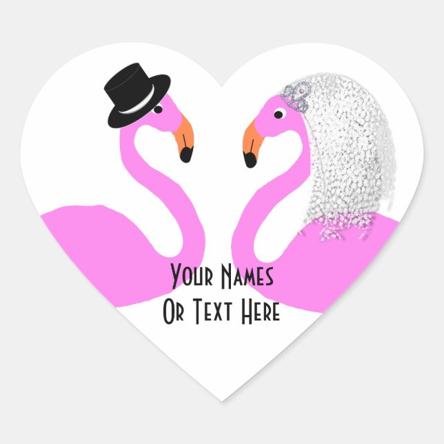 Cute Pink Flamingos Bride & Groom Wedding Heart Sticker (Front)