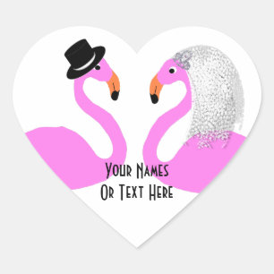 Cute Pink Flamingos Bride & Groom Wedding Heart Sticker