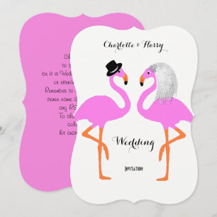 Cute Pink Flamingos Bride & Groom Wedding Invitation