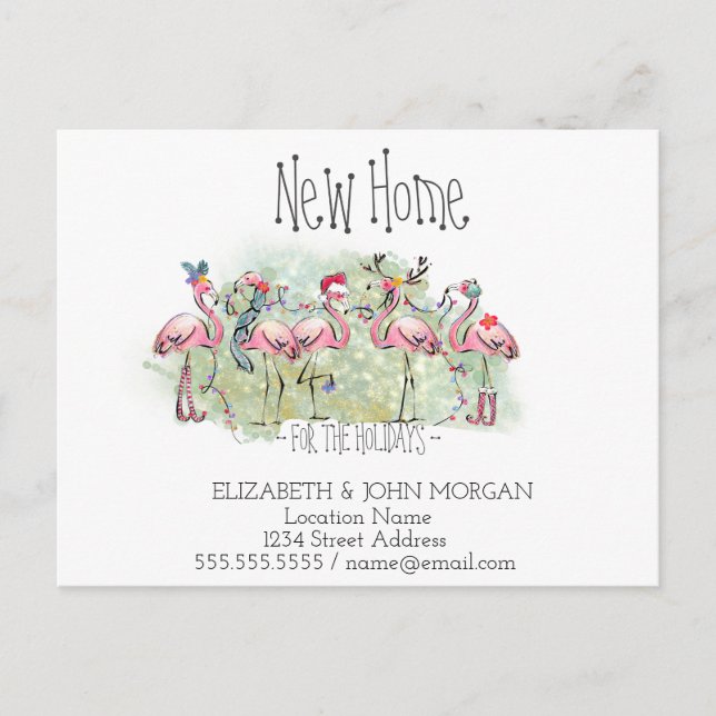 Cute Pink Flamingos Family Santa Hat New Address Announcement Postcard (Front)