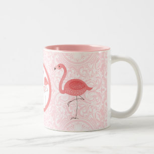 Cute Pink Flamingos & Floral Swirls Two-Tone Coffee Mug