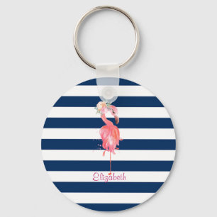 Cute Pink Flamingos Flower,Striped Key Ring
