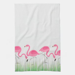 Cute Pink Flamingos Illustration Tea Towel