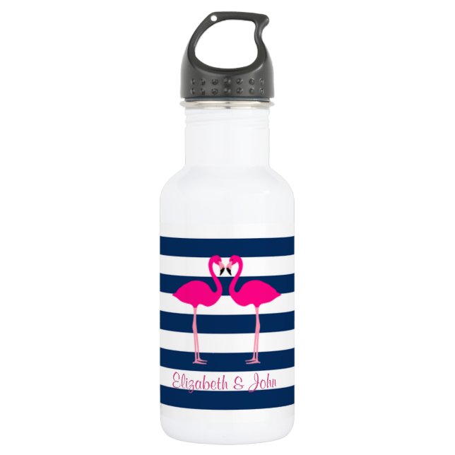 Cute Pink Flamingos In Love,Striped-Personalised 532 Ml Water Bottle (Front)