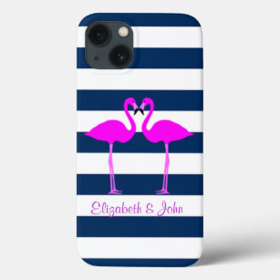 Cute Pink Flamingos In Love,Striped-Personalised iPhone 13 Case