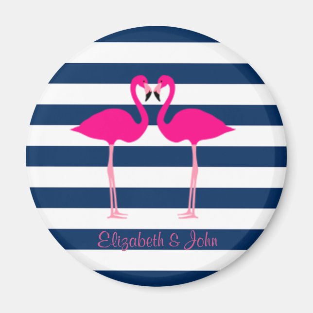 Cute Pink Flamingos In Love,Striped-Personalised Magnet (Front)