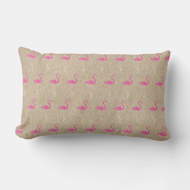 Cute Pink Flamingos on Beach Sand - Outdoor Lumbar Cushion (Front)