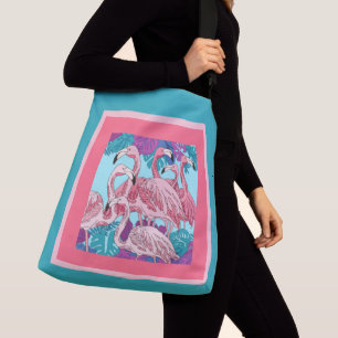 Cute pink flamingos on pink & mint crossbody bag