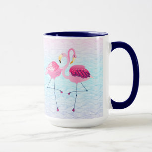 Cute Pink Flamingos On Stylised Beach Water Waves Mug