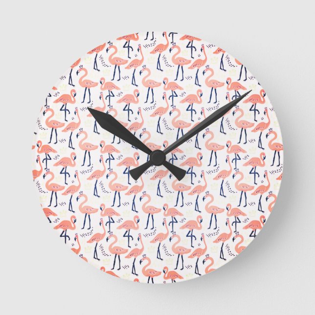 Cute pink flamingos round clock (Front)