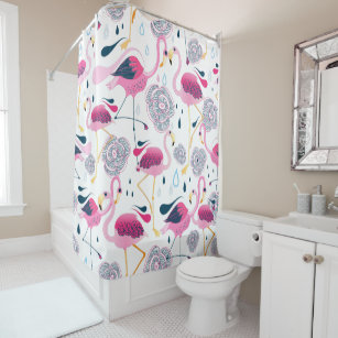 Cute Pink Flamingos & Stylised Flowers Pattern Shower Curtain
