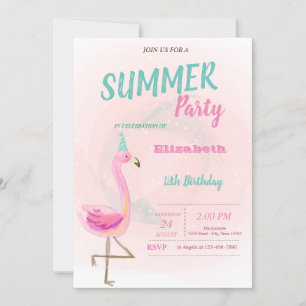 Cute Pink Flamingos Summer Birthday Party  Invitation