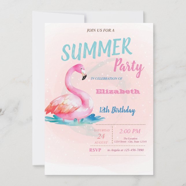 Cute Pink Flamingos Summer Birthday Party   Invitation (Front)