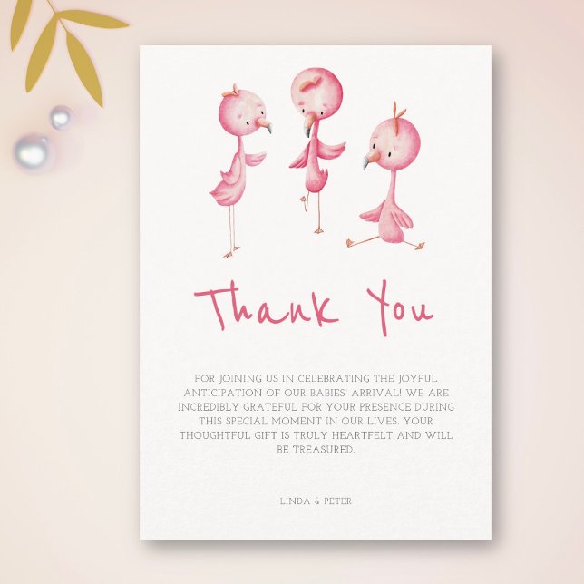 Cute Pink Flamingos Triplets Baby Shower Thank You Card (Creator Uploaded)