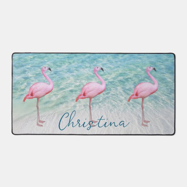 Cute Pink Flamingos Tropical Beach Customisable Desk Mat (Front)