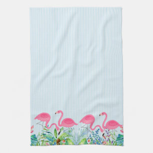 Cute pink flamingos tropical flowers border tea towel