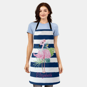 Cute Pink FlamingosTropical Leaf,Striped  Apron