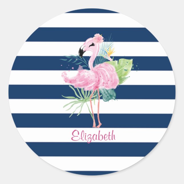 Cute Pink FlamingosTropical Leaf,Striped  Classic Round Sticker (Front)