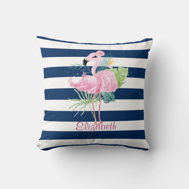 Cute Pink FlamingosTropical Leaf,Striped Cushion (Front)