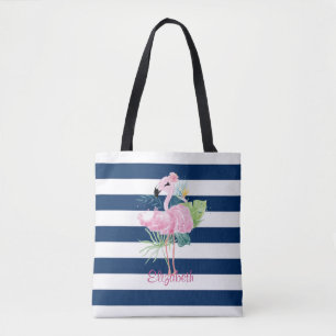 Cute Pink FlamingosTropical Leaf,Striped  Tote Bag