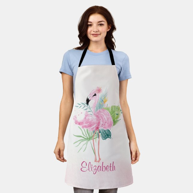 Cute Pink FlamingosTropical Leaves Apron (Worn)