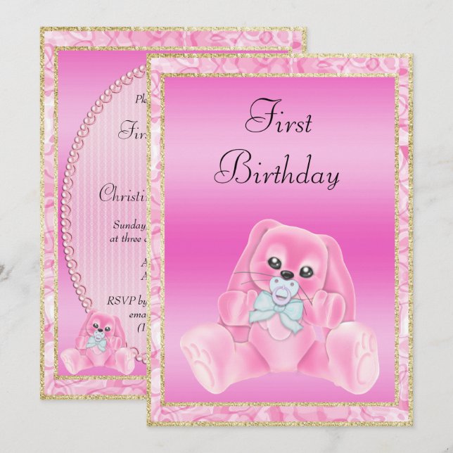 Cute Pink Floppy Ears Bunny First Birthday Invitation (Front/Back)