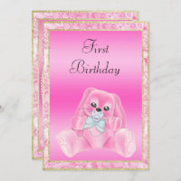Cute Pink Floppy Ears Bunny First Birthday