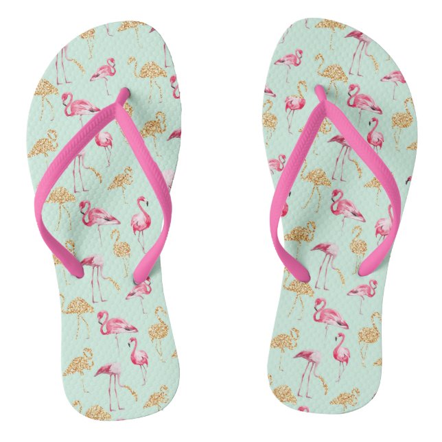 Cute Pink Floral and Gold Girly Funky Flamingo Flip Flops (Footbed)