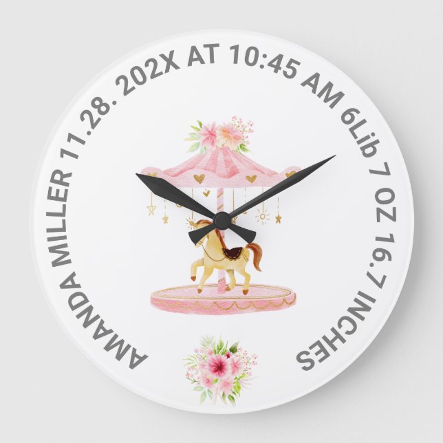 Cute Pink Floral Baby Birth Date Pony Carouse  Large Clock (Front)