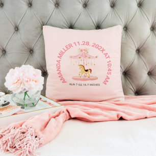 Cute pink floral baby Carousel Baby Birth Date Cushion