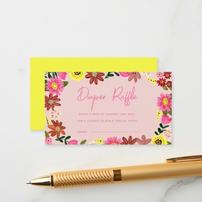 Cute Pink Floral Baby Shower Diaper Raffle Ticket Enclosure Card (Front/Back In Situ)